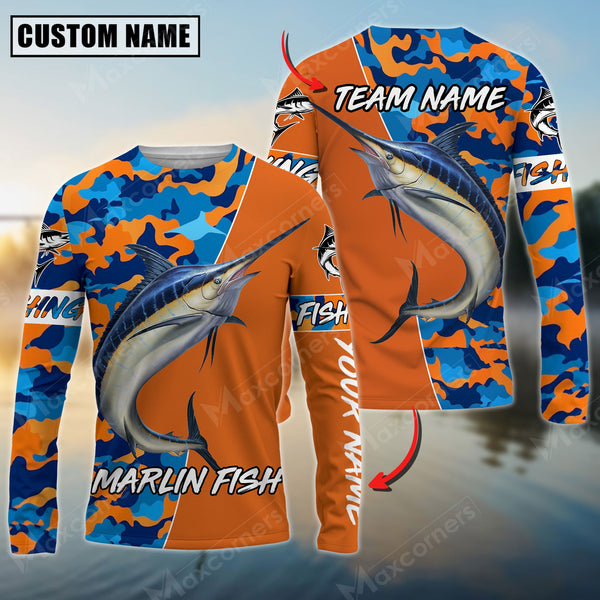 Maxcorner Marlin Fishing Blue Orange Camo Pattern Personalized 3D Long Sleeve Shirt