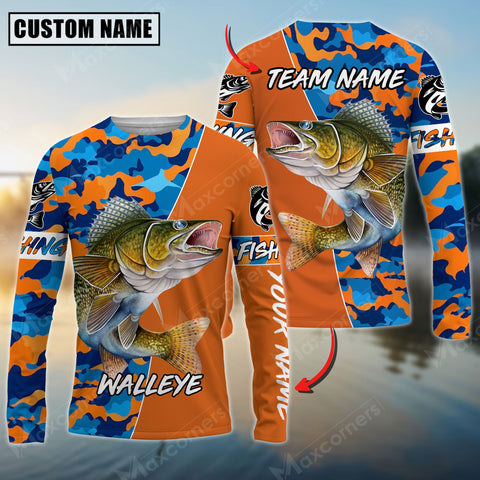 Maxcorner Walleye Fishing Blue Orange Camo Pattern Personalized 3D Long Sleeve Shirt