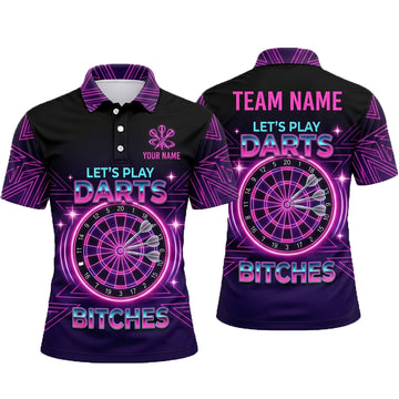 Maxcorners Darts Polo Shirt Let's Play Darts Text Retro Neon Synthwave Grid Target Board Multi Options Personalized Name, Team Name Unisex 3D Shirt (5 Colors)