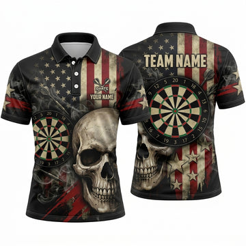 Maxcorners Darts Polo Shirt Skull USA American Flag Patriotic Stars Stripes Smoke Target Board Multi Options Personalized Name, Team Name Unisex 3D Shirt
