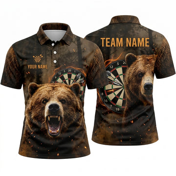 Maxcorners Darts Polo Shirt Grizzly Bear Roaring Wild Forest Animal Fire Sparks Smoke Target Board Multi Options Personalized Name, Team Name Unisex 3D Shirt