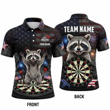 Maxcorners Darts Polo Shirt Raccoon Mascot USA American Flag Fireworks Stars Target Board Multi Options Personalized Name, Team Name Unisex 3D Shirt