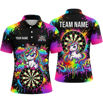 Maxcorners Darts Polo Shirt Cool Unicorn Mascot Sunglasses Street Art Graffiti Paint Splatter Target Board Multi Options Personalized Name, Team Name Unisex 3D Shirt