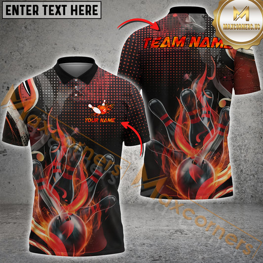 Maxcorners Bowling & Pins Flame Ball Dotted Pattern  Multicolor Option Customized Name, Team Name 3D Polo Shirt (4 Colors)