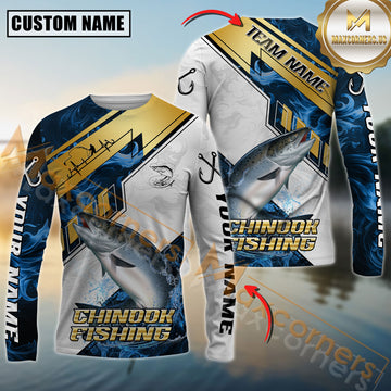 Maxcorners Chinook Fishing Blue Flame With Golden Line Hook Design Pattern Sport Jersey Personalized Name, Team Name Long Sleeve Shirt