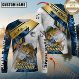 Maxcorners Walleye Fishing Blue Flame With Golden Line Hook Design Pattern Sport Jersey Personalized Name, Team Name Long Sleeve Shirt