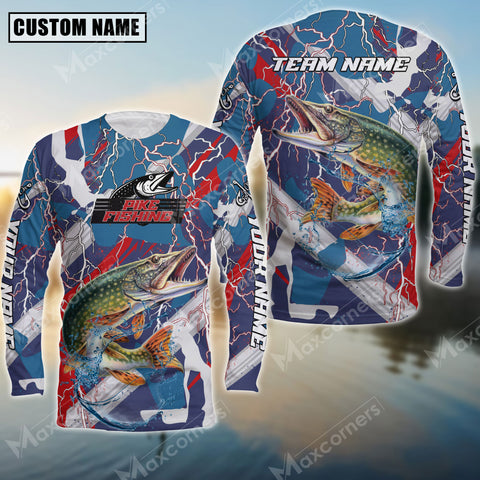 Maxcorner Pike Fishing Red, White And Blue Lightning Camo Pattern  Personalized 3D Long Sleeve Shirt