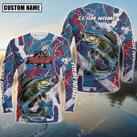 Maxcorner Walleye Fishing Red, White And Blue Lightning Camo Pattern  Personalized 3D Long Sleeve Shirt