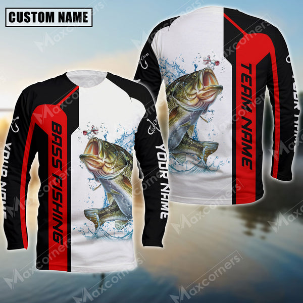 Maxcorner Large Mouth Bass Fishing Red Line Pattern Personalized 3D Long Sleeve Shirt