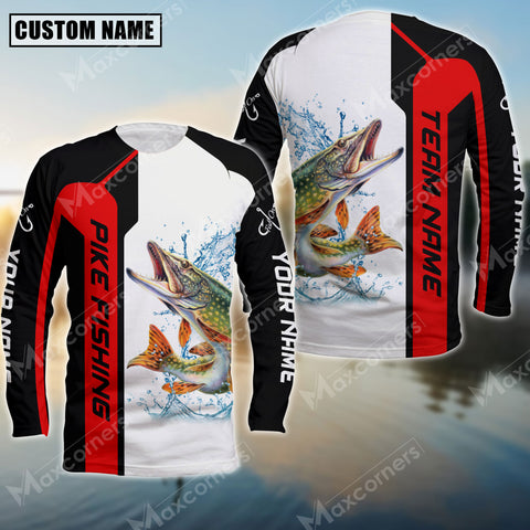 Maxcorner Pike Fishing Red Line Pattern Personalized 3D Long Sleeve Shirt