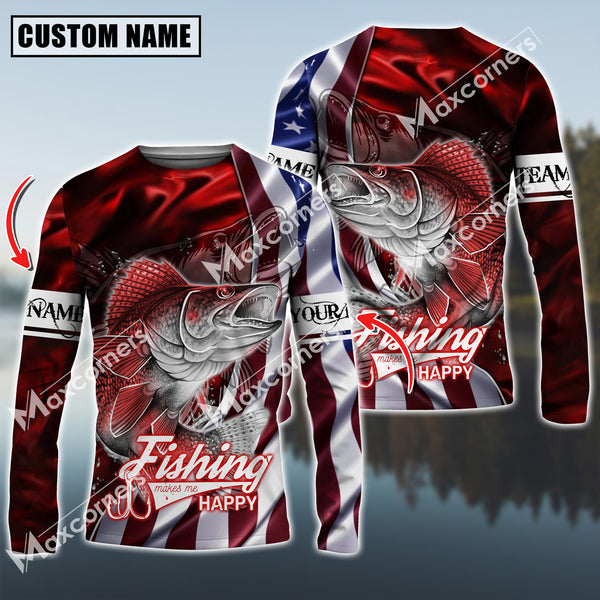 Maxcorner Walleye Fishing Jersey Red Lightning Pattern Personalized 3D Long Sleeve Shirt