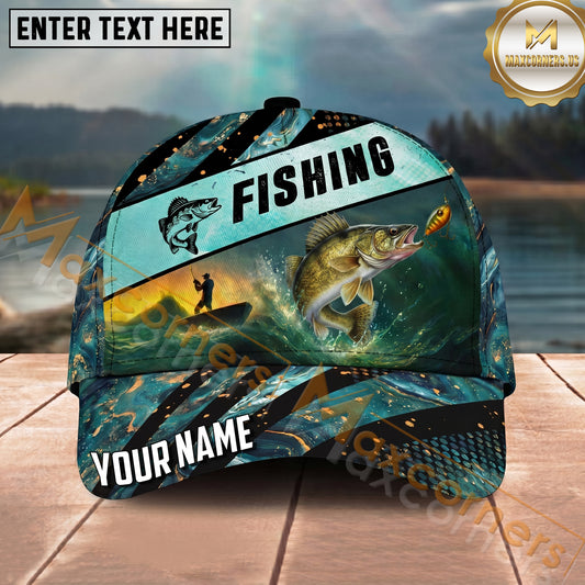 Maxcorners Fishing Teal Gold Angler Scene Personalized Name 3D Cap (12 Fish Species)