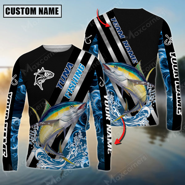 Maxcorner Tuna Fishing Smoke Blue Line Pattern Personalized 3D Long Sleeve Shirt