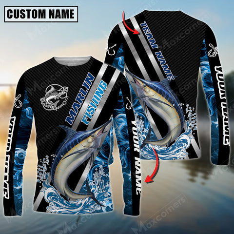 Maxcorner Marlin Fishing Smoke Blue Line Pattern Personalized 3D Long Sleeve Shirt