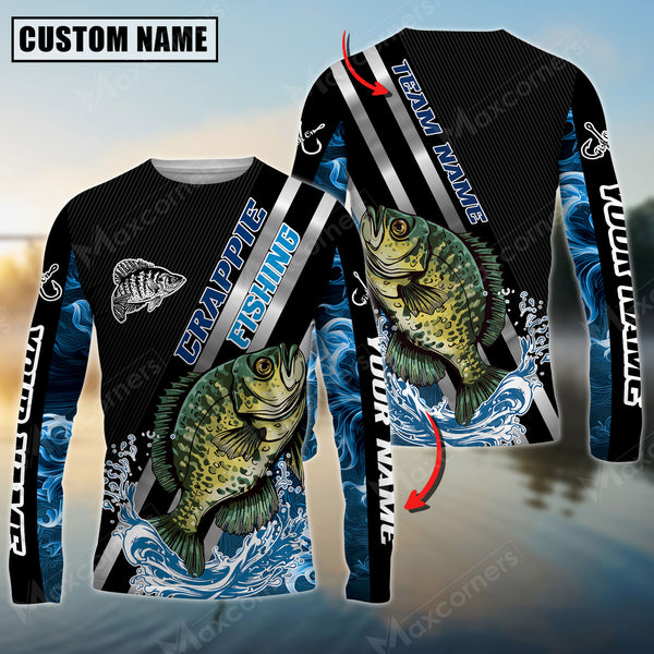 Maxcorner Crappie Fishing Smoke Blue Line Pattern Personalized 3D Long Sleeve Shirt