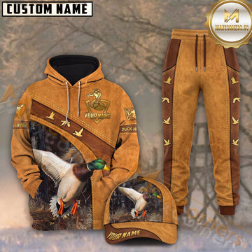 Maxcorners Duck Hunting Mallard Flying Reeds Stitched Leather Texture Personalized Name Unisex 3D Shirt