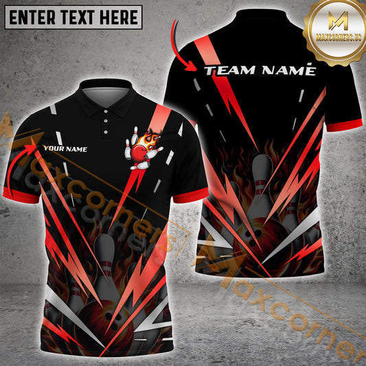 Maxcorner Bowling Ball & Pins Premium Thunder Flame Multicolor Option Customized Name 3D Shirt (4 Colors)