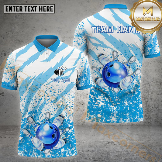 Maxcorners Bowling & Pins Splash Pattern Multicolor Option Customized Name, Team Name 3D Polo Shirt (4 Colors)