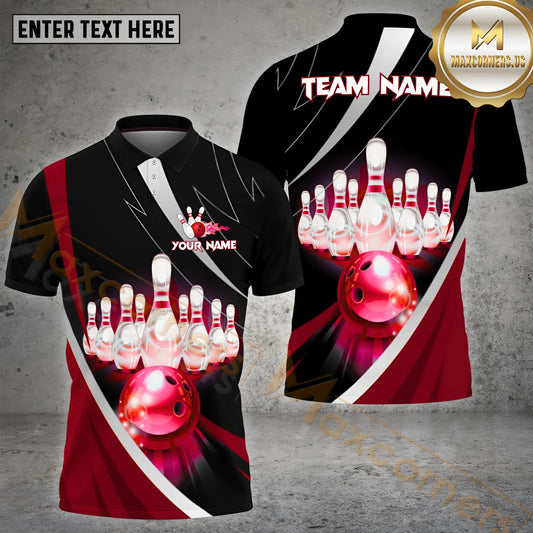 Maxcorners Bowling & Pins Light Bowling Ball Line Pattern Multicolor Option Customized Name, Team Name 3D Polo Shirt (4 Colors)