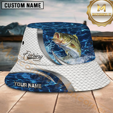 Maxcorners Fishing Blue Water Scale Pattern Personalized 3D Bucket Hat (12 Fish Species)