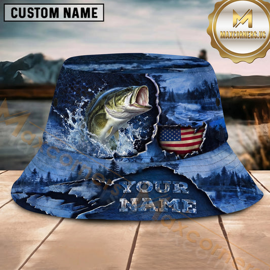 Maxcorners Fishing USA Flag Lake Camo Personalized 3D Bucket Hat (12 Fish Species)