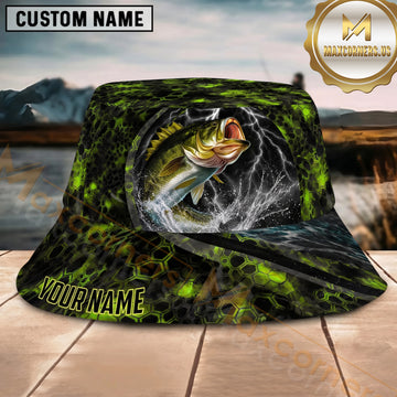 Maxcorners Fishing Green Honeycomb Lightning Personalized 3D Bucket Hat (12 Fish Species)