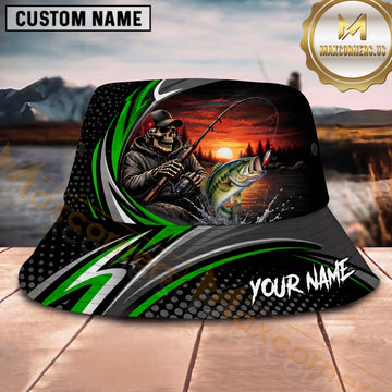 Maxcorners Fishing Skull Angler Sunset Personalized 3D Bucket Hat (12 Fish Species)
