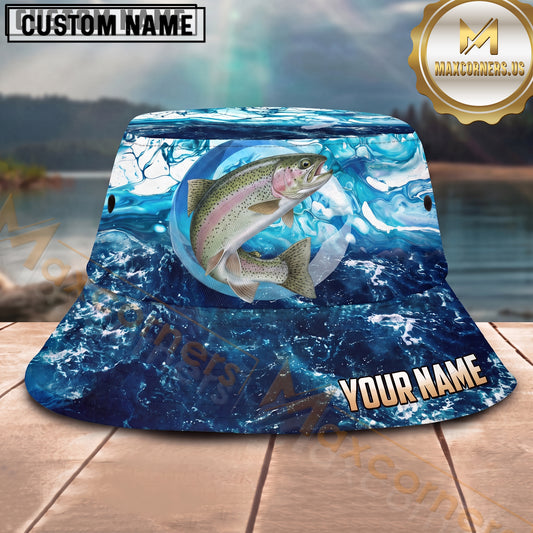 Maxcorners Fishing Ocean Marble Wave Personalized 3D Bucket Hat (12 Fish Species)