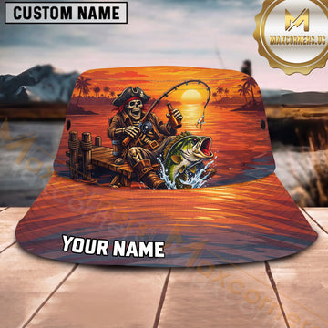Maxcorners Fishing Pirate Sunset Angler Personalized 3D Bucket Hat (12 Fish Species)