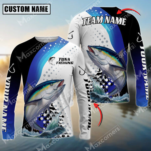 Maxcorner Tuna Fishing Sun Protection Jersey Blue Camo Pattern Personalized Name And Team Name Long Sweat Shirt