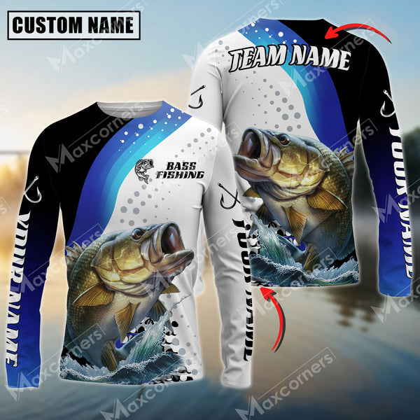 Maxcorner Bass Fishing Sun Protection Jersey Blue Camo Pattern Personalized Name And Team Name Long Sweat Shirt