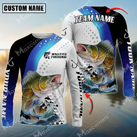 Maxcorner Walleye Fishing Sun Protection Jersey Blue Camo Pattern Personalized Name And Team Name Long Sweat Shirt