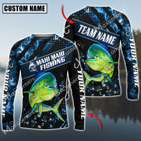 Maxcorner Mahi-Mahi Fishing Sun Protection Blue Smoke Pattern Personalized Name And Team Name Long Sweat Shirt