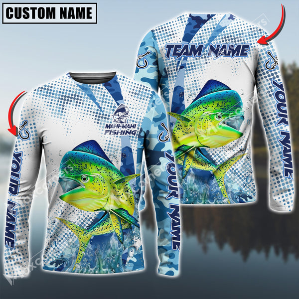 Maxcorner Mahi-Mahi Fishing Sun Protection Blue Sea Camo Pattern Personalized Name And Team Name Long Sweat Shirt