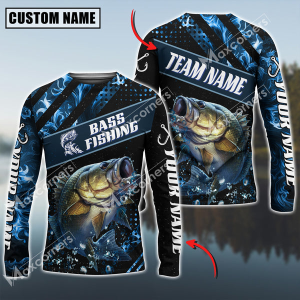 Maxcorner Bass Fishing Sun Protection Blue Smoke Pattern Personalized Name And Team Name Long Sweat Shirt