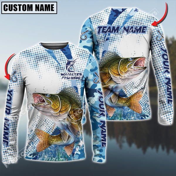 Maxcorner Walleye Fishing Sun Protection Blue Sea Camo Pattern Personalized Name And Team Name Long Sweat Shirt