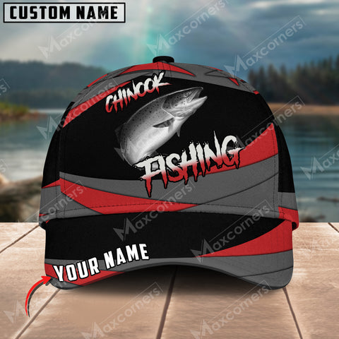 Maxcorners Chinook Fishing Red Gray Spinning Pattern Personalized Name Metal Pattern 3D Classic Cap