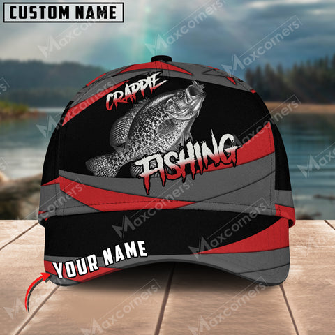 Maxcorners Crappie Fishing Red Gray Spinning Pattern Personalized Name Metal Pattern 3D Classic Cap