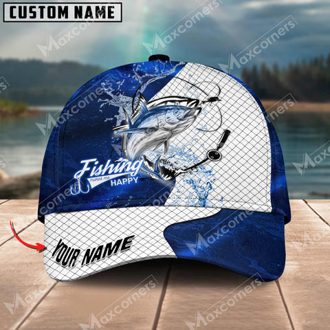 Maxcorners Tuna Fishing Dark Blue Pattern Personalized Name Metal Pattern 3D Classic Cap