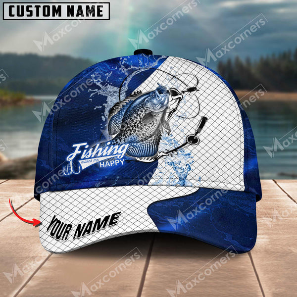 Maxcorners Crappie Fishing Dark Blue Pattern Personalized Name Metal Pattern 3D Classic Cap