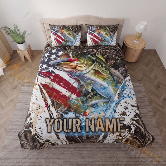Maxcorners Fishing American Flag Camouflage Personalized Name Unisex 3D Bedding Set