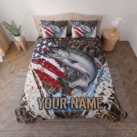 Maxcorners Fishing American Flag Camouflage Personalized Name Unisex 3D Bedding Set