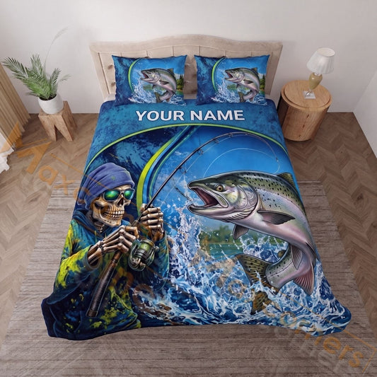 Maxcorners Fishing Skull Angler Orange Camouflage Personalized Name Unisex 3D Bedding Set