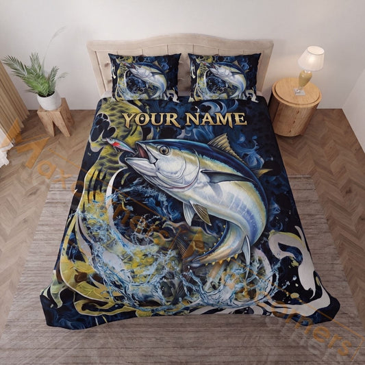 Maxcorners Fishing Dark Blue Golden Water Splash Personalized Name Unisex 3D Bedding Set
