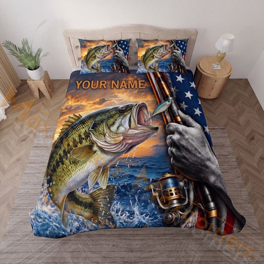 Maxcorners Fishing American Flag Sunset Adventure Personalized Name Unisex 3D Bedding Set