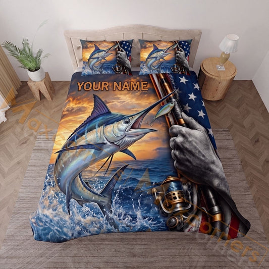 Maxcorners Fishing American Flag Sunset Adventure Personalized Name Unisex 3D Bedding Set