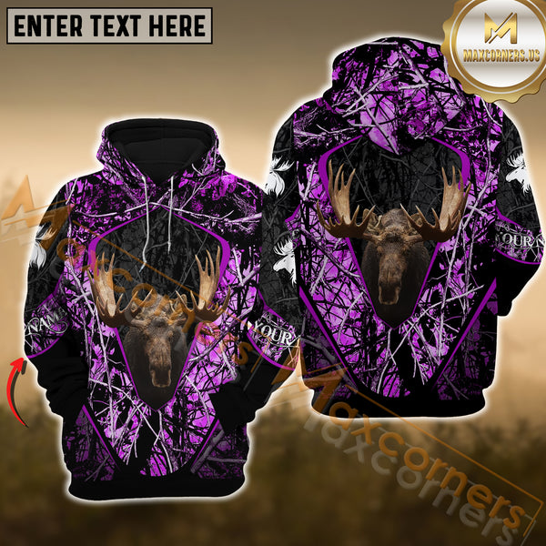 Maxcorners Purple Camouflage Moose Hunting Custom Name Shirt 3D All Over Printed Clothes