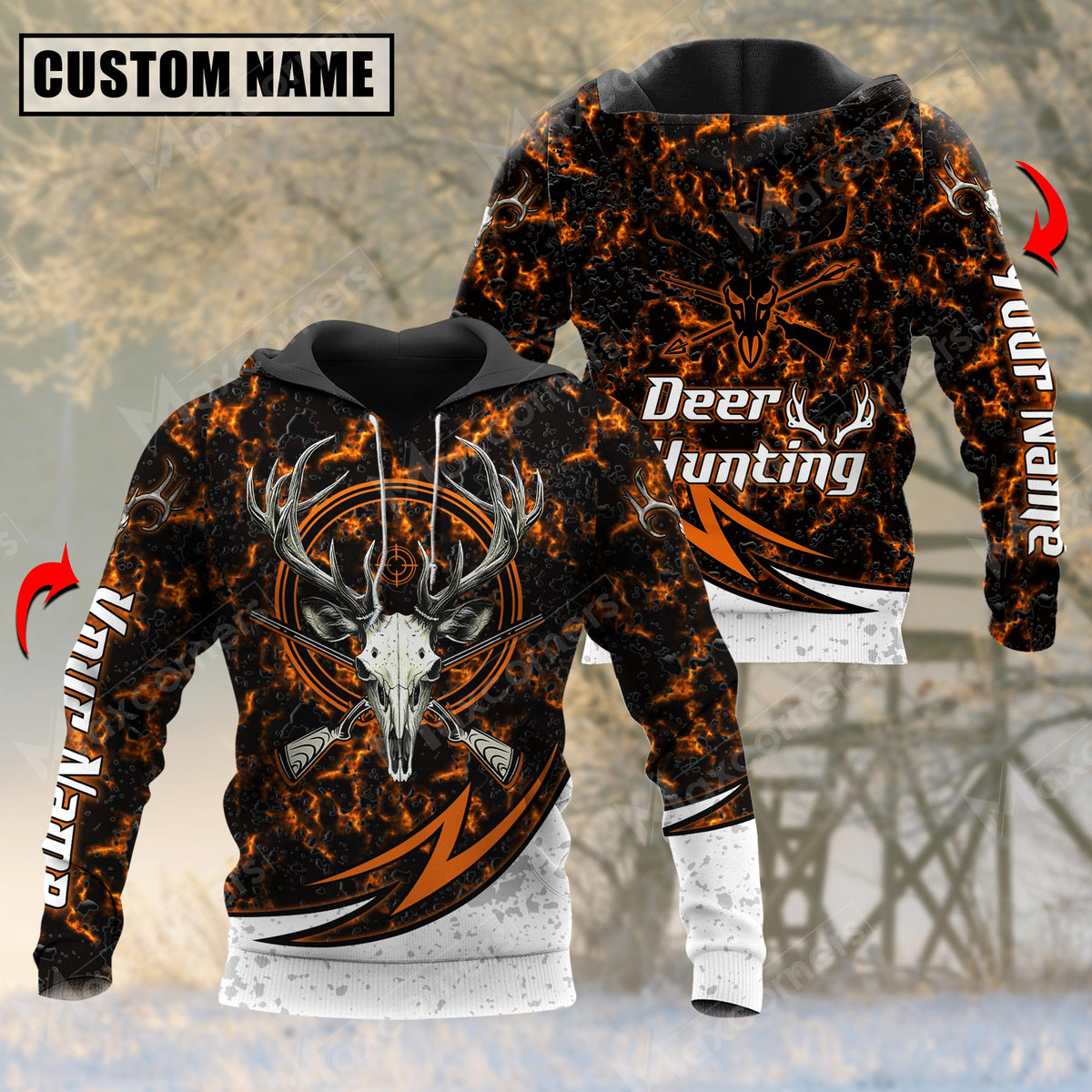 Maxcorners Deer Hunting Skull Orange Pattern Custom Name Shirt 3D All