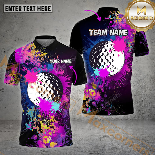 Maxcorners Golf Ball Paint Color Pattern Multicolor Option Customized Name, Team Name 3D Polo Shirt (4 Colors)