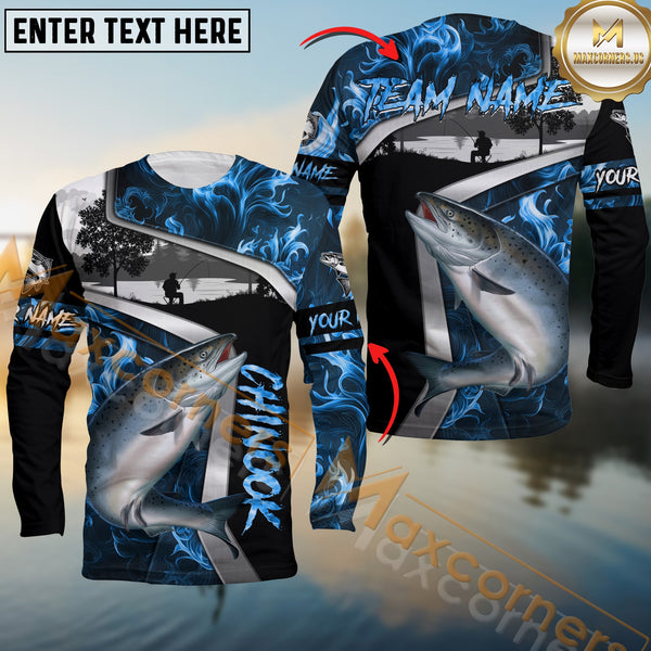 Maxcorners Chinook Fishing Blue Smoke Fisher Pattern Personalized Name, Team Name 3D Shirts